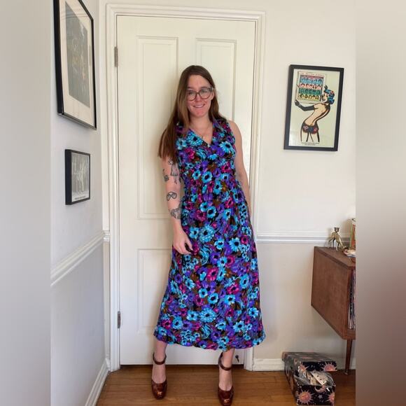 Vintage Dresses & Skirts - 70s Vintage Blue Floral Fuzzy Bright Floral Terry Cloth Dress